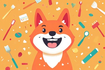 Smiling cartoon dog surrounded by colorful toothbrushes and dental tools