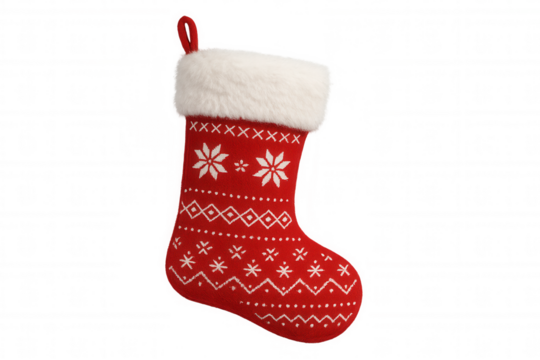 Red knitted christmas stocking with white faux fur cuff and snowflake patterns, holiday season tradition