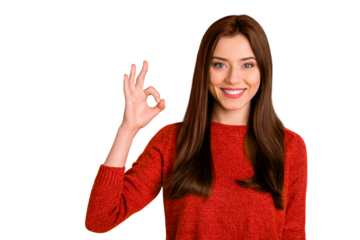 Portrait of positive cheerful lady promoter show ok sign recommend sales discount wear red jumper sweater isolated over yellow color background