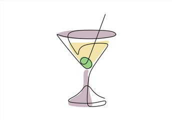 Martini Cocktail with Olive in One Line. line icon-continuous line drawing. Editable stroke. 