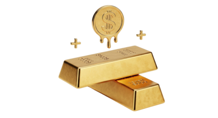 Isolated gold ingots and money sign dripping, wealth symbol, financial concept art design