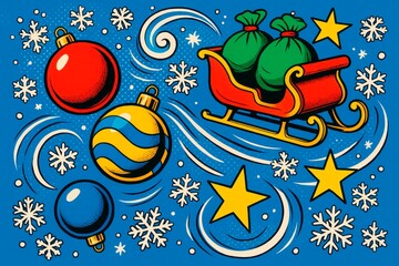 Pop Art Santa's Sleigh Ride. Stylized pop art illustration of Santa Claus flying in his red sleigh amidst snowflakes, gold stars, and hanging Christmas ornaments on a vibrant blue background.