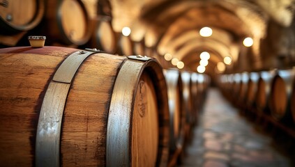 Wooden barrels lined in a dimly lit cellar with arched ceiling, showcasing wine production