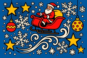 Pop Art Santa's Sleigh Ride. Stylized pop art illustration of Santa Claus flying in his red sleigh amidst snowflakes, gold stars, and hanging Christmas ornaments on a vibrant blue background.