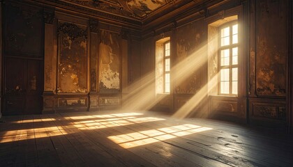 Fototapeta premium Sunlight beams through old room windows illuminating dusty interior.