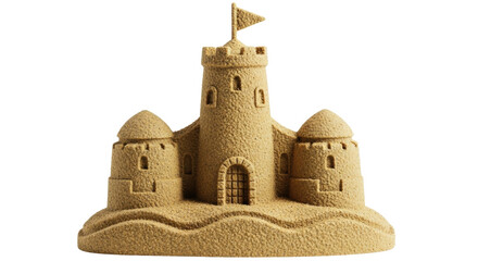 Isolated sandcastle with flag made of sand and sea shells, summer family travel vacation art