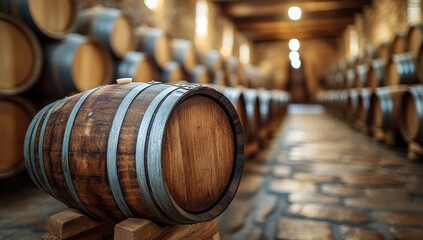 Wooden barrels line a brick-paved cellar, softly lit for aging alcoholic beverages