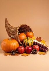 Autumn Harvest Arrangement in Cornucopia with Pumpkins, Apples, Corn, and Seasonal Leaves on a Warm Background