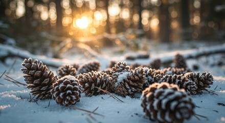 Beautiful Close-Up View of Snow-Covered Pine Cones on the Snowy Forest Floor During Golden Hour Sunshine