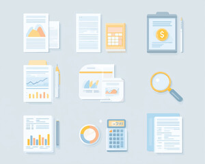 Financial analysis documents with charts calculators magnifying glass and clipboard for business planning and strategy development