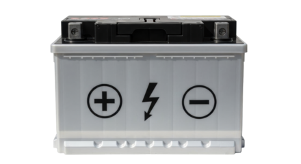 Isolated car battery showing its terminals for use when jump starting a dead battery