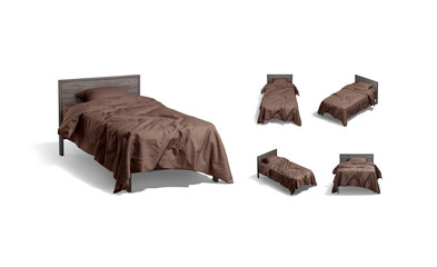Blank wooden single bed with brown bedding mockup, different views