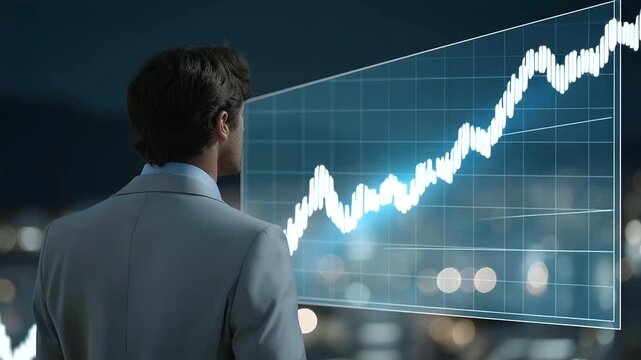 male executive standing before holographic upward graph city skyline twinkling at night faint traffic noise below soft beeps from trading screens immersive finance vibe three quart