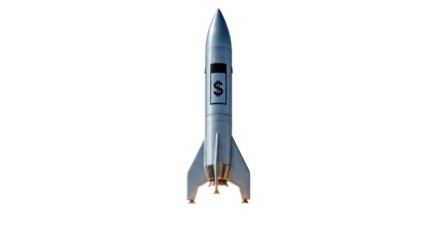 Isolated shot of a silver rocket ship with a dollar sign, futuristic spacecraft startup