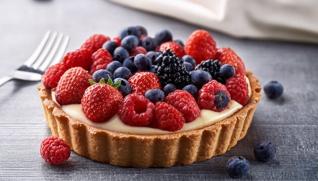 Sweet Tart With Berries On Grey Wooden Table