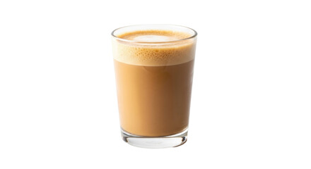 Isolated full glass of latte coffee with foam, brown beverage on plain neutral backdrop