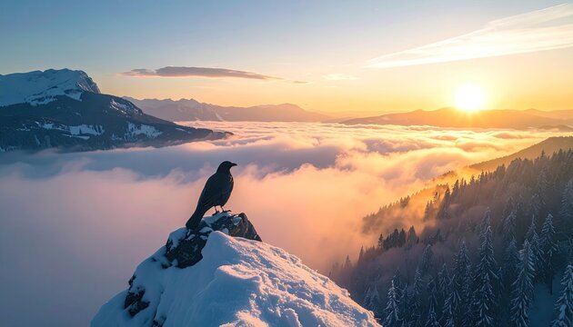 Crow perched on snowy mountain peak at sunrise above clouds.