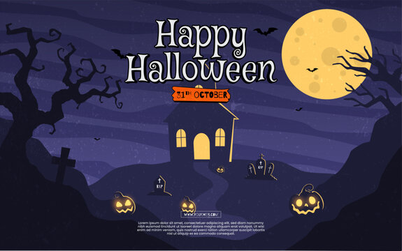 Happy Halloween background design. Vector banner, poster, card, content for social media, halloween festival for decoration with spooky ghost, pumpkin, moon, castle, tree. 31st October
