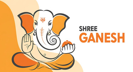 Naklejka premium Modern Vector Illustration in Saffron and Grey Featuring Abstract Ganesha Outline – Spiral Trunk, Folded Hands and Bold Sans Typography