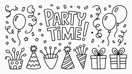 Celebrate joyfully with festive balloons, confetti, party hats, and gift boxes ideal for invitations, decorations, or digital designs