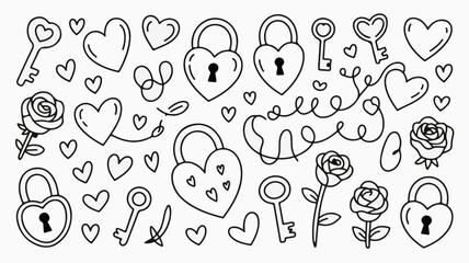 Charming collection of hand drawn heart locks, keys, and roses perfect for romantic themes and celebrations