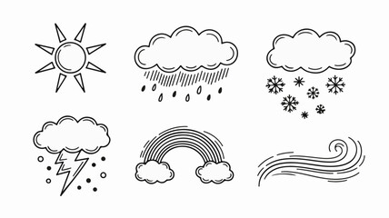Charming hand drawn icons depicting diverse weather conditions including sun, rain, snow, lightning, rainbow, and wind for educational or design use.