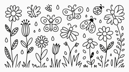 Charming hand drawn butterflies, ladybugs, and flowers celebrate a vibrant spring garden scene with playful raindrops