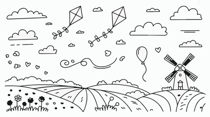 Whimsical countryside scene with kites, balloons, a windmill, and rolling hills, evoking childhood joy and freedom