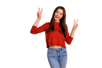 Photo of confident cheerful cute sweet lovely woman smiling toothily showing you double v-sign isolated over yellow vibrant color background