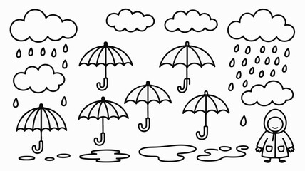 Charming hand drawn umbrellas and clouds with rain drops and a happy child in a raincoat, perfect for weather themes and playful designs