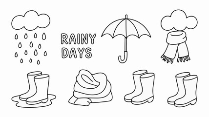 Charming collection of rainy day essentials including clouds, raindrops, umbrellas, scarves, and boots perfect for autumn or wet weather themes.