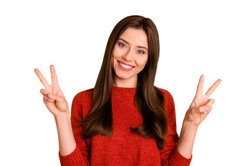 Portrait of positive cheerful youth girl have fun enjoy her free time autumn holidays make v-signs...