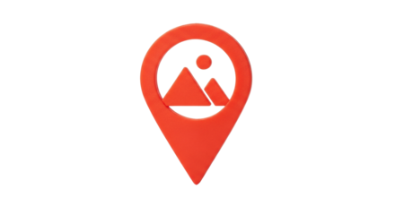 Isolated red map marker with image of mountains and a sun inside, travel symbol icon