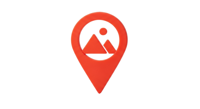 Isolated red map marker with image of mountains and a sun inside, travel symbol icon