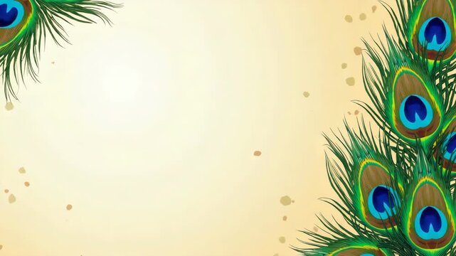 Peacock feathers background for vishu celebration. Bright and detailed peacock feathers frame a soft beige gradient background, creating space for text or design. Perfect for invitations, holiday