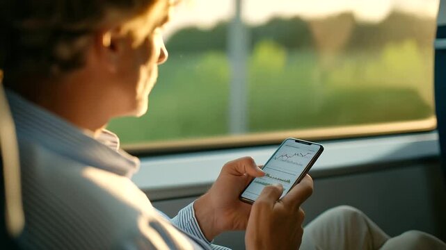 male MBA candidate checking market share chart on smartphone on train faint rumble of tracks subtle ping of update three quarter wide angle cinematic color correction gentle back