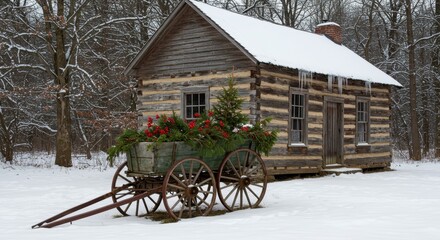 Cozy log cabin in winter snow with rustic wooden cart filled with festive greenery and red flowers in a serene forest setting