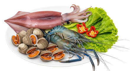 Isolated delicious assorted seafood display, shrimp, cockles, squid, octopus, pepper, lettuce