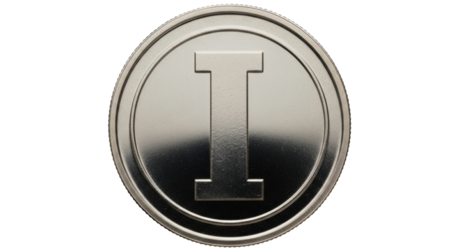 Isolated coin with letter I, close-up of currency in finance for cash or wealth concept