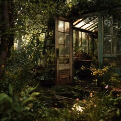 Vintage Greenhouse with Open Door Surrounded by Lush Greenery