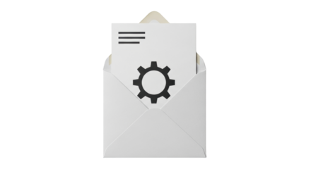 Isolated message in an envelope with gearwheel and lines showing on the paper inside it