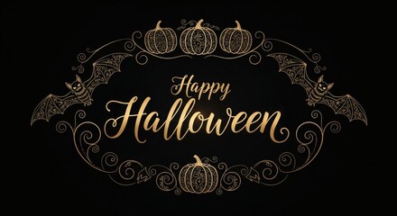 Elegant Golden Happy Halloween Greeting Card Design with Decorative Frame, Bats, Pumpkins, and Intricate Scrolls on a Dark Background for Festive Celebrations