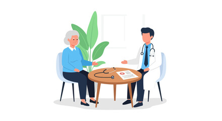 Elderly patient consults with a male doctor at a round table in a medical setting.