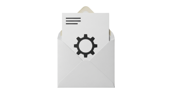 Isolated message in an envelope with gearwheel and lines showing on the paper inside it
