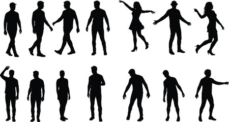 Silhouettes of men and women in different walking, standing, dancing and casual poses, black human figure illustration, isolated vector design