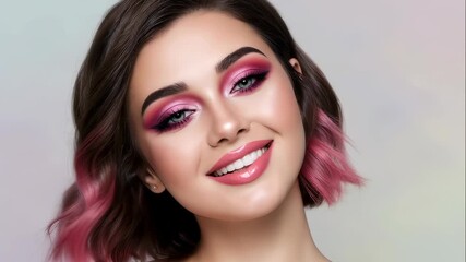 Young woman with pink dip-dyed hair and dramatic pink eyeshadow looking, smiling, and gracefully closing her eyes, beauty portrait footage. - Powered by Adobe