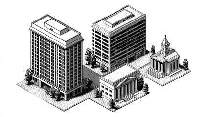 Isometric city street illustration featuring office buildings church and bank in grayscale style offering classic charm and architectural details