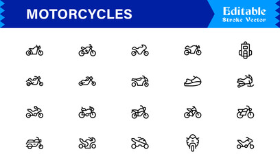 Premium Motorcycles Line Icon Set with Modern Minimal Designs, Professional Vector Style Collection Featuring Unique Motorcycle and Bike Symbols for Creative Projects