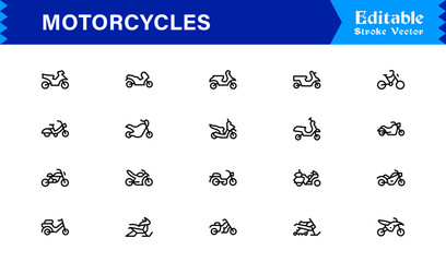 Premium Motorcycles Line Icon Set with Modern Minimal Designs, Professional Vector Style Collection Featuring Unique Motorcycle and Bike Symbols for Creative Projects