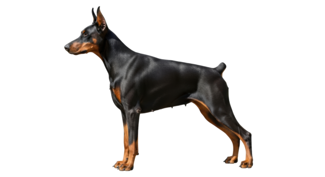 Isolated Doberman Pinscher breed dog, black and tan fur, cropped tail, standing and looking
